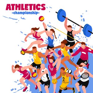 Colorful sport isometric poster with active players sportsmen and athletes on splash background vector illustration